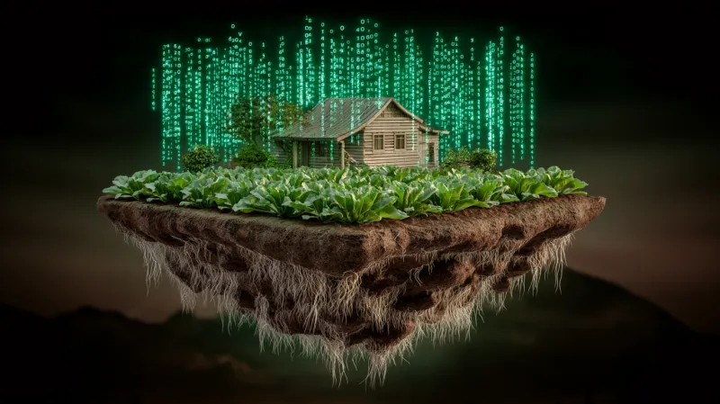 Floating farm island with digital rain, representing a fully managed autonomous farming service
