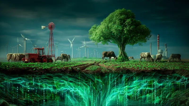 Farm landscape with digital root network glowing underground, representing infrastructure-grade technology beneath the surface