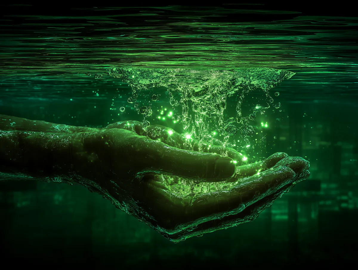 A hand cupping glowing water droplets, representing precision water management in desert agriculture